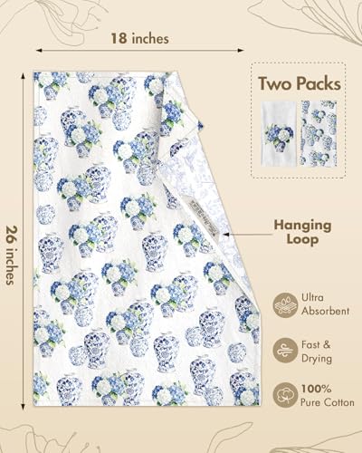 Flour Sack Kitchen Towels Set of 2, 18x26 Inch, Hydrangea | 150GSM Cotton, Lint-Free, Quick Dry, Hanging Loop, Lightweight Tea Towels, French Home Decor, Chinoiserie, Housewarming Gift - color: Hydrangea
