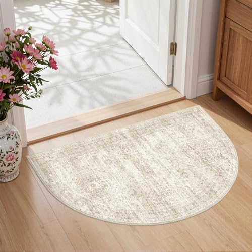 2x3 Half Circle Rug, Small Washable Entryway Rug,Beige | Semi Circle Rug for Kitchen,Front Door,Bathroom,Thin,Soft Welcome Mat,Stain Resistant Indoor Carpet,Non Slip - color: Beige/Ivory, size: 2' x 3' (Semicircular)