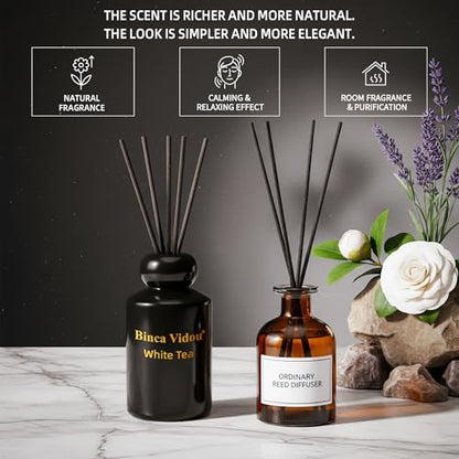 Reed Diffuser Set, Binca Vidou Lavender & White Tea Natural Scent Oil Diffusers with Sticks for Home Office Bathroom Aromatherapy Decor Black&White Series 3.38oz x 2