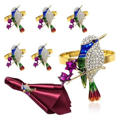 Hummingbird Napkin Rings Set of 6 Sparkly Rhinestone Bird Napkin Holder for Spring Party Garden Wedding Baby Shower Decor,Elegant Dining Table Setting for Holiday Gathering & Family Dinner - style: Blue