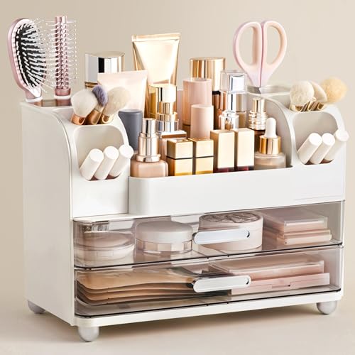 HBlife Makeup Organizer for Vanity with Brush Holder, Large Bathroom Countertop Cosmetic Organizer Skin Care Storage, Easy to Store Lipsticks, Nail Polishes, Perfumes, Eyeshadow Palettes, White - color: White