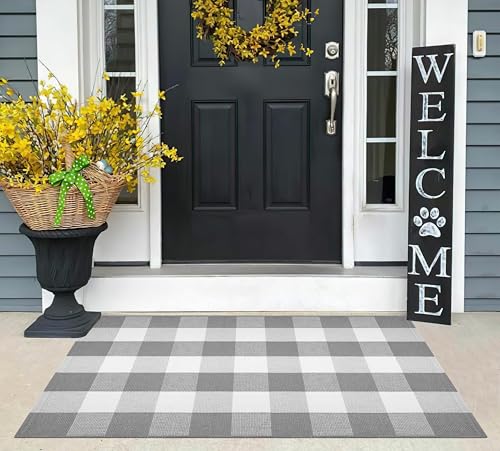 Grey and White Layered Doormat,27.5"x43.3"Cotton Woven Door Mat Outdoor | Machine Washable Layering Rug Farmhouse Buffalo Plaid Entryway Rug Combined With Hello/Welcome Mat - color: Grey Buffalo, size: 27.5"x43.3"