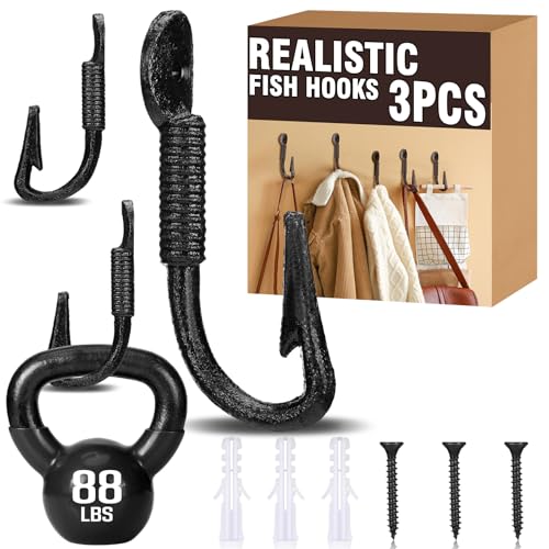 Duraaamo 3 Pcs Realistic Fish Hooks for Hats Solid Black Cast Iron Fish Hook Wall Mount 4.5" x 2" Coastal Themed Wall Hangers for Coats Bags Keys - color: Black