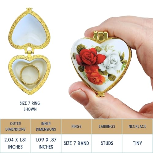Tiny Heart Porcelain Trinket Box | Rose Bouquet | French Style Gift Box with Velvet Bag - style: Rose Bouquet Heart