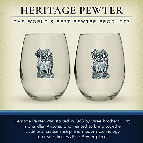 Heritage Pewter Elk Stemless Glass Goblets – Set of 2 | 15 OZ Goblet Wine Glasses | Expertly Crafted Pewter Glass - style: Elk