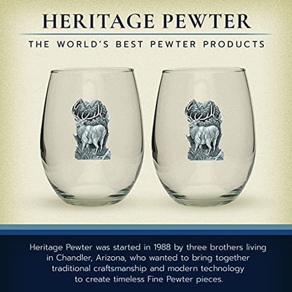 Heritage Pewter Elk Stemless Glass Goblets – Set of 2 | 15 OZ Goblet Wine Glasses | Expertly Crafted Pewter Glass - style: Elk