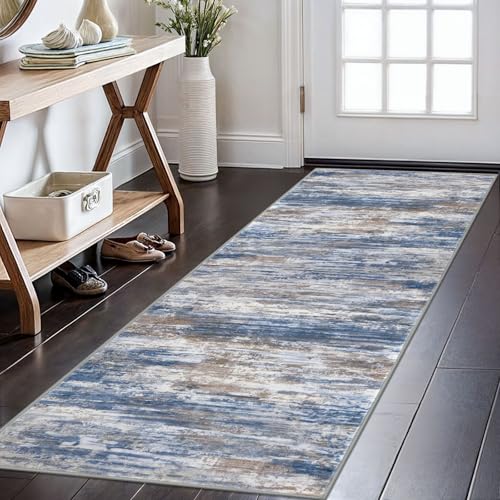 KOZYFLY Modern Runners for Hallways 2x6 Blue Rust Washable Runner Rug | Non-Slip, Non-Shedding, Low Pile Soft, Abstract Striped, For Hall Kitchen Entryway Bathroom Laundry Bedroom Foyer - color: Blue Rust White, size: 2' x 6' (Runner)