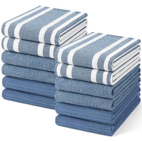 Homaxy Cotton 380 GSM Premium Kitchen Towels, 18"x 28", 12 Pack, Navy Blue | Soft and Absorbent Terry Dish Towels, Multipurpose Tea Towel Set with Hanging Loop, 3 Styles Kitchen Hand Towels - color: Navy Blue, size: 18" X 28" - 12 Pack