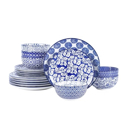 Selamica Ceramic Dinnerware Sets for 6, 18 Pieces Plates and Bowls Set, Scratch Resistant Dishes Set, Dishwasher&Microwave Safe, Vintage Blue - color: Vintage Blue, size: 18 Pieces