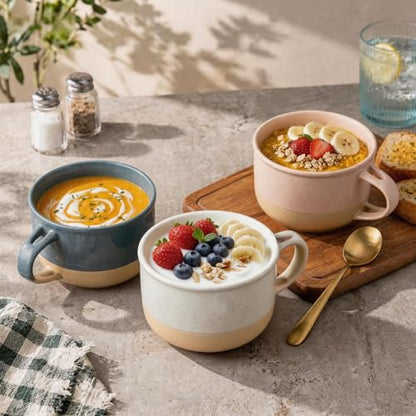 GBhome Ceramic Soup Mugs with Handles and Lids,24 OZ Soup Cups Set of 4 | Terracotta Underside,Mug Bowls with Spoon for Soup/Cereal/Salad/Noodles/Ramen/Microware &Dishwasher Safe - color: Multicolor-3