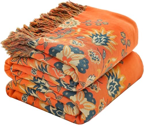 Boho Throw Blanket for Chair, 100% Cotton Woven Rustic Quilt with Tassel 50”x60”, Super Soft Muslin Blanket with Floral, Decorative Reversible Bedspread/Sofa Cover for All Seasons- Orange - color: Orange Flower, size: 50"x60"