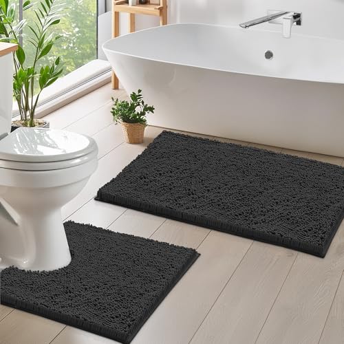 LuxUrux Bathroom Rugs Sets 2 Piece: Quick Dry, Soft Plush Anti-Slip, Super Absorbent. Includes Rectangular (31x20 inches) & U-Shaped Toilet Mat (20x20 inches) | Black - color: Black, size: 2 Piece Set