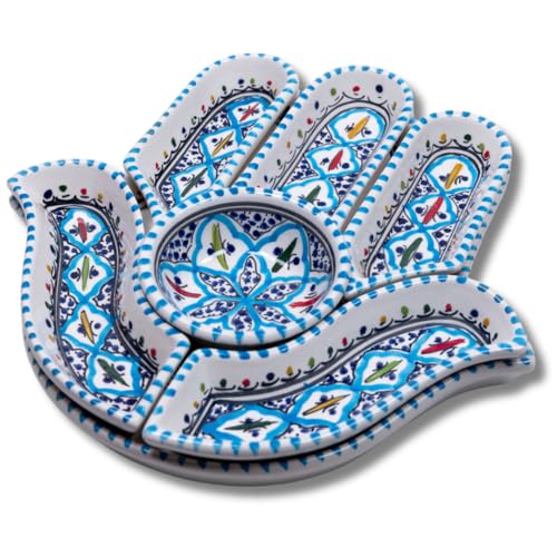 Hamsa Serving Platter – 7-Piece Hand-Painted Ceramic Colorful Serving Dishes for Snacks, Appetizers, Dips and More – Moroccon Decorative Platters for Celebrations, Parties and Events - color: Bohemian Turquoise, size: Hand - Large