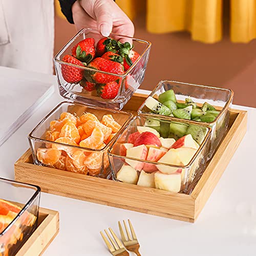 4 Compartment Glass Fruit Bowl with Wooden Tray Creative Snack Serving Tray Divided Serving Platter Reusable Ice Cream Cups Removable Salad Bowls for Snack Candy Nuts Desserts Amber - color: Amber, size: 4 Compartment