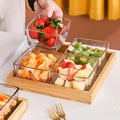 4 Compartment Glass Fruit Bowl with Wooden Tray Creative Snack Serving Tray Divided Serving Platter Reusable Ice Cream Cups Removable Salad Bowls for Snack Candy Nuts Desserts Amber - color: Amber, size: 4 Compartment
