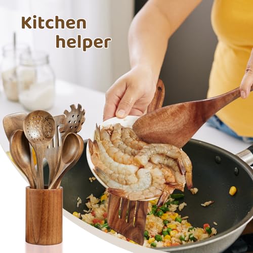 Wooden Kitchen Utensil Set,10 Piece Natural Teak with Spoon Rest & Hooks | Wooden Cooking Utensils with Comfort Grip, Smooth Durable Heat Resistant Cooking Spoons and Utensils Holder for Cooking