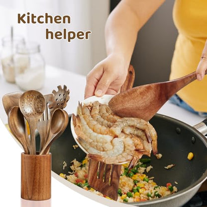 Wooden Kitchen Utensil Set,10 Piece Natural Teak with Spoon Rest & Hooks | Wooden Cooking Utensils with Comfort Grip, Smooth Durable Heat Resistant Cooking Spoons and Utensils Holder for Cooking