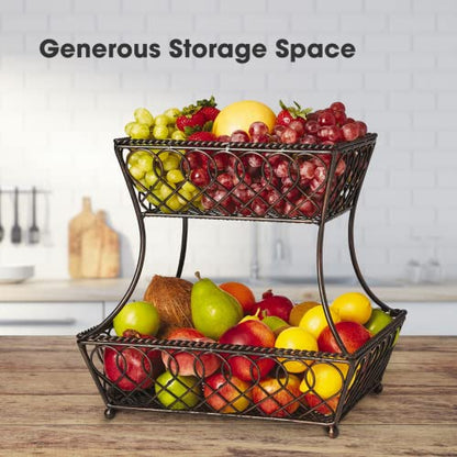 Gourmet Basics by Mikasa Loop and Lattice 2-Tier Rectangular Metal Countertop Basket, 14.25 x 12 Inches, Antique Black Finish, Kitchen Fruit and Bread Storage Organizer - style: Basket