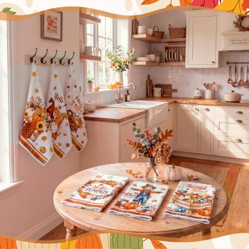 Redbaker 6 Pcs Fall Kitchen Towels Scarecrow Pumpkin Funny Dishcloth | Autumn Absorbent Farmhouse Decorative Fast Drying Tea Dish Towel with Hanging Loop for Kitchen Bathroom Housewarming Gift - style: Fall Scarecrow
