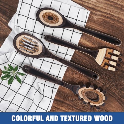 MYRAINBOW Wooden Spoons for Cooking, 7 Piece Pakkawood Kitchen Utensils Set with Spatulas, Spoons, Ladles, and Turner for Mixing, Serving & Cooking - color: Brown
