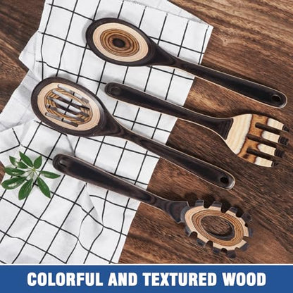 MYRAINBOW Wooden Spoons for Cooking, 7 Piece Pakkawood Kitchen Utensils Set with Spatulas, Spoons, Ladles, and Turner for Mixing, Serving & Cooking - color: Brown