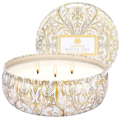 M&SENSE White Tea Scented Candles 12 oz, Large 3 Wick Soy Tin Candle, Over 40 Hour Burning Time, 100% Natural Vegan Wax, Relaxing Aromatherapy Aesthetic Candle Gift for Women Men - color: White Tea