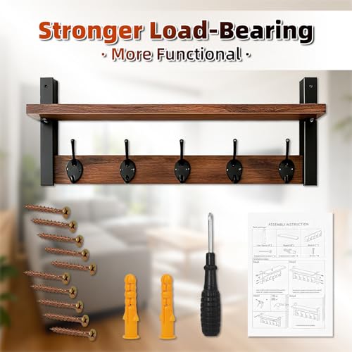 Wall Mounted Coat Hook with Shelf, 17 Inch | Entryway Key Holder, Mail Organizer, For Living Room Bedroom Kitchen Laundry Room