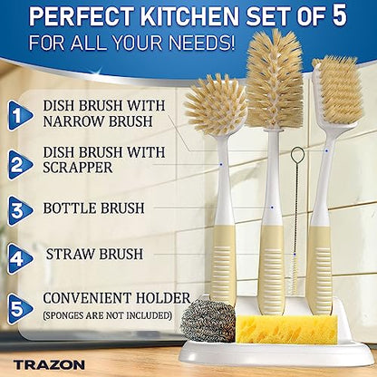 Dish Brush Set of 5 with Holder - Kitchen Scrub Brushes with Non-Slip Long Handle for Cleaning, Scrubber, Dishwashing, Dishes, Bottles, Straws, Cups, Pots & Sink, Baige - color: Baige