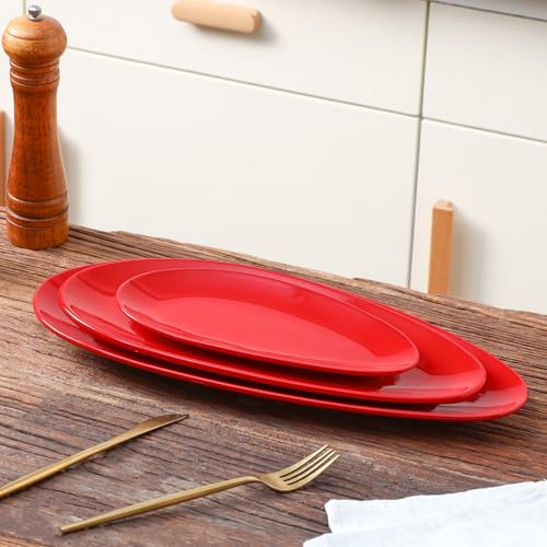 vicrays Large Oval Serving Platters, 16"/14"/10" Porcelain Serving Platters for Party, BBQ,Stackable Serving Trays Serving Plates for Appetizers, Sushi, Restaurant, Dessert, Set of 3 (Red) - color: Red