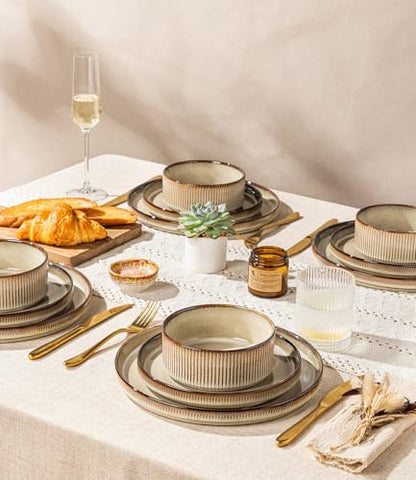 GBHOME Stoneware Dinnerware Sets for 4, 12 Pieces Plates and Bowls Set | Lightweight Ceramic Ribbed Dishes, Reactive Glaze Stackable Plate Set, Scratch Resistant, Microwave & Dishwasher Safe - color: Driftwood Taupe