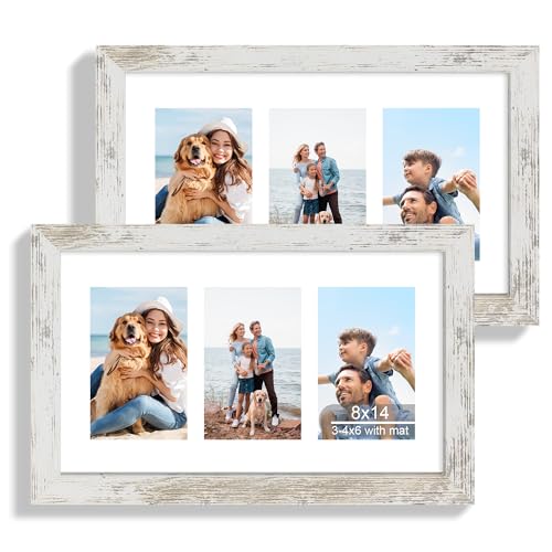 Hongkee 8x14 Picture Frame Set of 2, Distressed White Wood Frame with Glass Collage Frame, Display Pictures 3-4x6 With Mat or 8 x 14 Without Mat - Horizontal or Vertical Wall Mounting - color: Distressed White, size: 8x14 in matted to 3-4x6