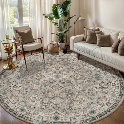 Tangsoo Round Rug 5ft Washable Circle Rug Non Slip,Vintage Beige Round Rug | Boho Farmhouse Floral Circular Rugs,Soft Low Pile Grey Round Carpet for Living Room Bedroom,Kitchen,Office,Dinning Room Dorm - color: Distressed Beige Grey, size: 5' X 5' (Round)