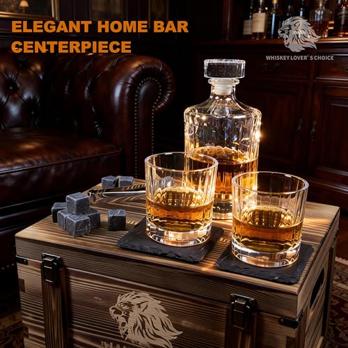Whiskey Decanter Set 500ml(17oz), Lead-Free Crystal with 2 Glasses, Flat Panel for Custom Labels, Granite Chilling Stones, Slate Coasters, Premium Pine Gift Box, Compact Bar Kit for Bourbon Scotch