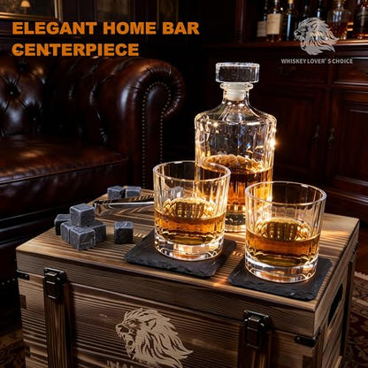Whiskey Decanter Set 500ml(17oz), Lead-Free Crystal with 2 Glasses, Flat Panel for Custom Labels, Granite Chilling Stones, Slate Coasters, Premium Pine Gift Box, Compact Bar Kit for Bourbon Scotch