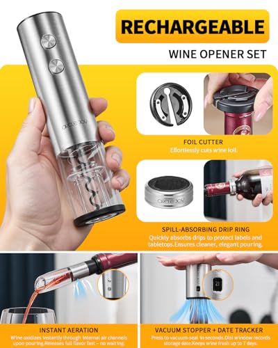CIRCLE JOY Electric Wine Opener Rechargeable 5-in-1 Stainless Steel Wine Gift Set with Foil Cutter, Wine Aerator Pourer, Wine Drip Ring & Vacuum Stopper, Ideal Gifts for Wine Lovers, Silver - color: 5-in-1 Silver
