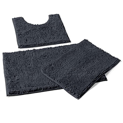 LuxUrux 3-Piece Bathroom Rug Set – Plush Chenille Bath Mats & U-Shaped Toilet Mat, Ultra-Soft, Absorbent & Non-Slip (20x20 U, 16x24 & 20x30 inches, Charcoal) - color: Charcoal, size: 3 Piece Set