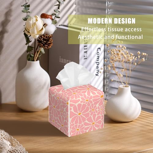 Pink Retro Groovy Flower Tissue Box Cover Square, Tissue Box Holder with Bottom Belt Leather Facial Paper Organizer Dispenser for Bathroom Bedroom Dresser Night Stand Tabletop - color: Pink Retro Groovy Flower
