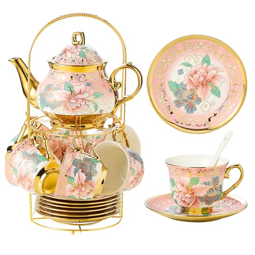 20 Pieces Porcelain Tea Set With Metal Holder, European Ceramic tea set for adults,Flower Tea Set,Tea Set For Women With Flower Painting (Large version, Pink) - color: Pink