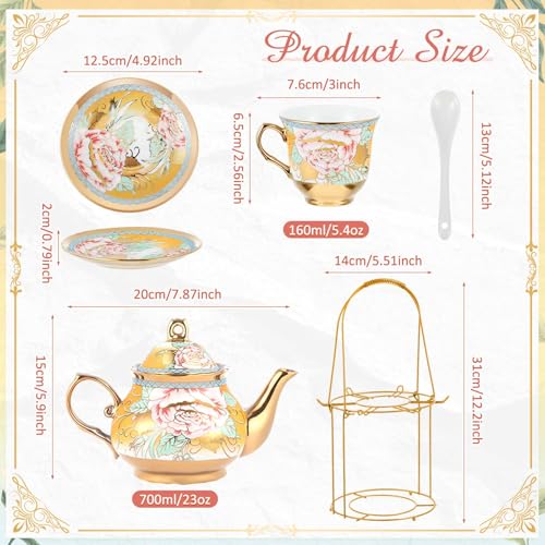 Zhehao 20 Pcs Porcelain Tea Set with Metal Holder and Spoon Adult Ceramic Tea Set European Flower Painting Teapot Cup Saucer Spoon for Women Mom Gift, Large Version (Classic Style) - color: Classic Style