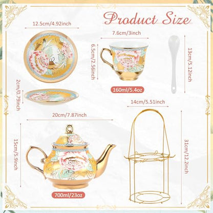 Zhehao 20 Pcs Porcelain Tea Set with Metal Holder and Spoon Adult Ceramic Tea Set European Flower Painting Teapot Cup Saucer Spoon for Women Mom Gift, Large Version (Classic Style) - color: Classic Style