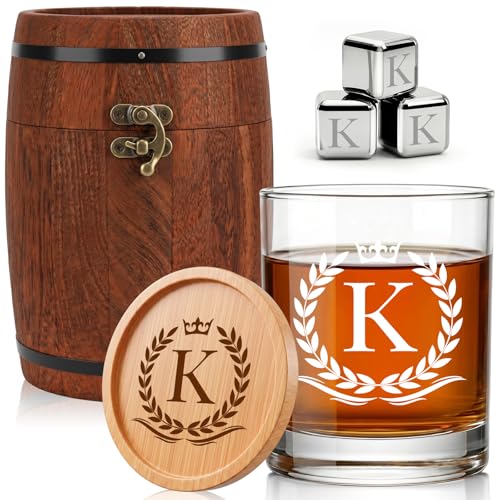 Personalized Whiskey Glass Gift Set with Custom Initial A-Z Rocks Glass, Personalized Chilling Stones & Coaster in Vintage Wooden Oak Barrel Box - Birthday Gifts for Men Dad Husband（K - color: Letter-K