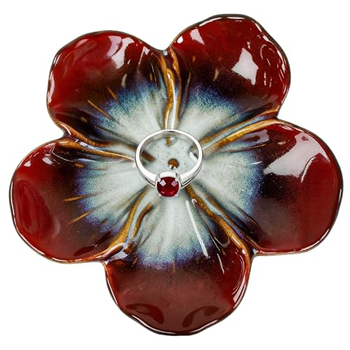 SEEDUSTRY Ceramic Jewelry Tray, Petal Ring Dish, Small Ceramic Jewelry Trinket Holder, Desktop Decoration, Dainty‌ Plate for Rings, Earrings, Necklace, Gifts for Mother Girlfriend Daughter Sister - color: Ink Red