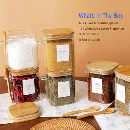 HHMJSM 6 Pcs Square Glass Jar with Bamboo Lid and Spoon - 27 oz Large Sugar Container with 148 Kitchen Pantry Spice Jar Labels Preprinted - Glass Containers with Wooden Lids Hold Coffee, Tea, Candy - color: 27oz