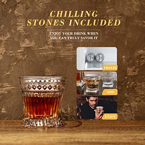 BETESINE Whiskey Decanter Set with 4 Glasses and 4 Steel Chilling Balls | 500ml Lead-Free Crystal Gift Set for Bourbon, Scotch, Whiskey and Rum