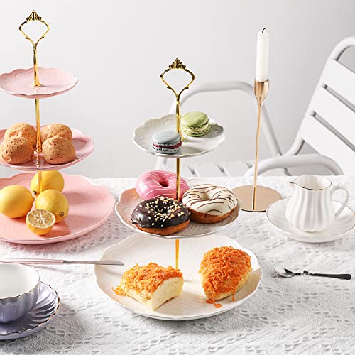 Sweejar 3 Tier Ceramic Cake Stand Wedding, Dessert Cupcake Stand for Tea Party Serving Platter(Rose White) - color: Pure White