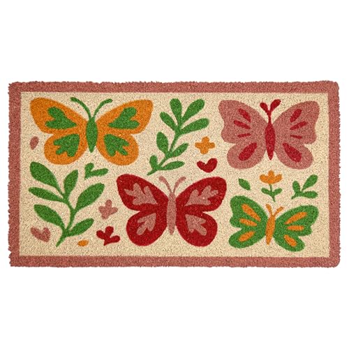 MAINEVENT Butterfly Welcome Mat 30x17 Inch, Spring Outdoor Doormat Coir | Natural Coco Fiber Spring Decor, Pvc Backing, Dirt Scraper, Nature-Inspired Farmhouse Decor, Housewarming Gift, Covered Porch