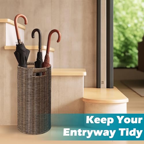 Rattan Umbrella Holder 21"H X 10"D, Handmade Wicker Umbrella Stand Indoor with Dip Tray, Sturdy Umbrella Holders for Entryway, Umbrella Bucket Fits Mudroom,Walking Canes,Home,Office (Brown) - color: Brown