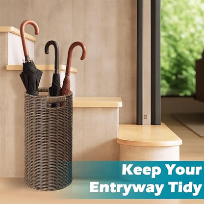 Rattan Umbrella Holder 21"H X 10"D, Handmade Wicker Umbrella Stand Indoor with Dip Tray, Sturdy Umbrella Holders for Entryway, Umbrella Bucket Fits Mudroom,Walking Canes,Home,Office (Brown) - color: Brown