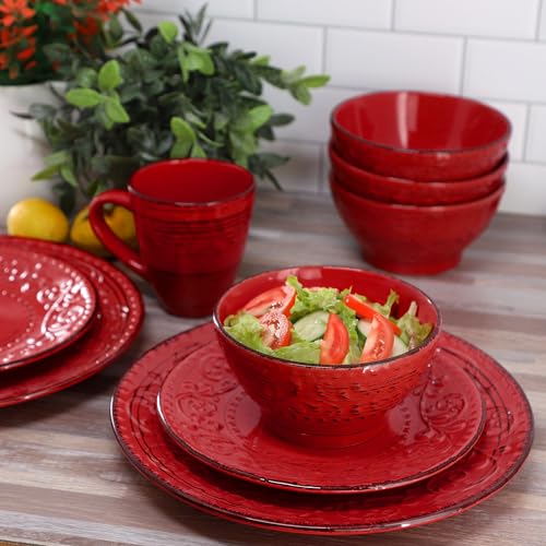 Elama Malibu Ocean Bloom 16-Piece Stoneware Embossed Pattern Reactive Glaze Red Dinnerware Set, Tableware, Serveware Set (Ocean Bloom Red) - color: Ocean Bloom Red