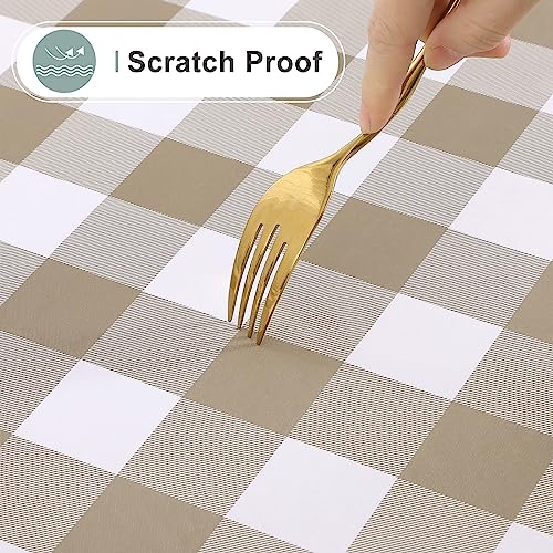 Round Waterproof Vinyl Table Cloth, Buffalo Flannel Backed Tablecloth, Wipeable Plastic Table Cover for Dinner, Kitchen, Picnic (60", Khaki and White) - color: Khaki and White, size: 60" (Round)